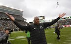 Michigan State coach Mel Tucker celebrated after his Spartans beat Michigan last season on their way to an 11-2 record.