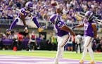 Vikings guard Ed Ingram (67) spikes the ball after Dalvin Cook scored a touchdown in the second quarter against the Lions on Sunday