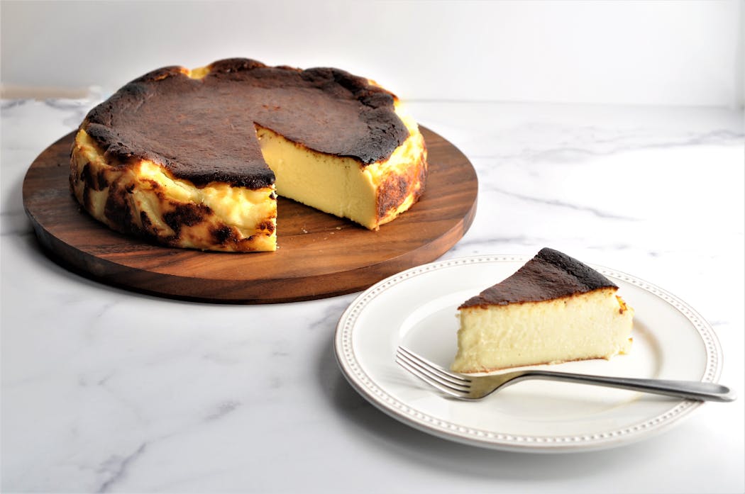 The Spanish Basque cheesecake is much simpler than the standard recipe and is served at room temperature.