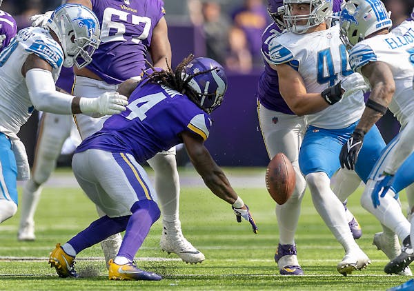 Vikings running back Dalvin Cook was injured this play in the third quarter against Detroit..