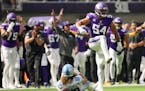 Vikings linebacker Eric Kendricks brought down Lions tight end T.J. Hockenson in the second quarter of Sunday’s game at U.S. Bank Stadium.