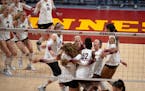 The Gopher volleyball team celebrated their come from behind win during the third game.