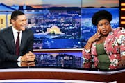 Host Trevor Noah with Dulce Sloan on “The Daily Show.” Sloan has been a correspondent on the show since 2017.