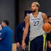 Minnesota Timberwolves center Rudy Gobert takes part in drills during the NBA basketball team's training camp, Tuesday, Sept. 27, 2022, in Minneapolis