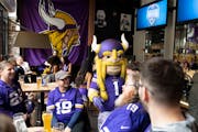The Vikings mascot, Viktor, attended a fan event at a bar in Manchester, England, on Wednesday ahead of the team’s game against the Saints in London