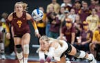 Gophers junior Jenna Wenaas, above diving vs. Florida early this season, had 12 kills and 18 digs in a five-set loss to Nortrhwestern on Wednesday.