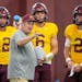 Offensive coordinator Kirk Ciarrocca worked with the Gophers quarterbacks last month, including starter Tanner Morgan (2).