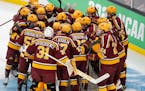 The Gophers huddled before their Frozen Four semifinal loss to Minnesota State Mankato in Boston on April 7.