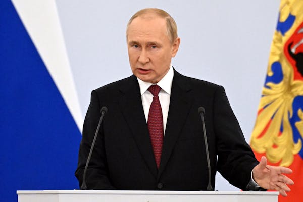Russian President Vladimir Putin speaks during celebrations marking the incorporation of regions of Ukraine to join Russia, in Red Square in Moscow, R