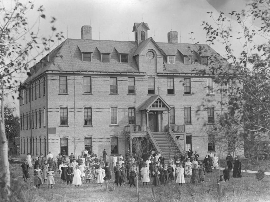 Students outside the St. Benedict's Mission School on the White Earth Indian Reservation in the 1890s.