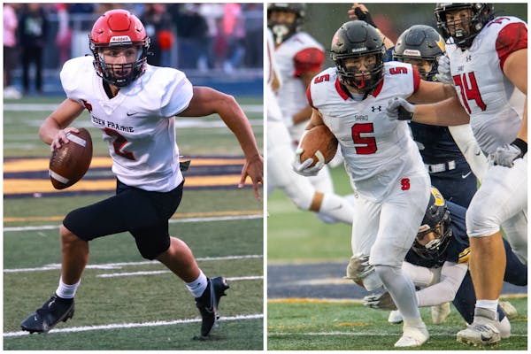Quarterback Nick Fazi (left) of Eden Prairie and running back Jadon Hellerud of Shakopee, each shown in games played earlier this season, contributed 