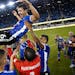 Earthquakes players lifted up veteran midfielder Shea Salinas after Saturday night’s 2-0 victory over Minnesota United. The 36-year-old Salinas, who