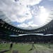 New Orleans Saints players warm-up before an NFL match between Minnesota Vikings and New Orleans Saints at the Tottenham Hotspur stadium in London, Su