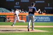 Twins righthander Michael Fulmer reacted to giving up a two-run homer to former Tigers teammate Victor Reyes on Sunday.