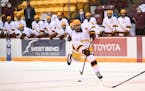 Gophers defenseman Brock Faber (shown against Michigan State last season) had a goal and two assists in a 6-4 victory over Lindenwood on Sunday.