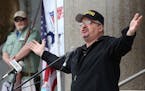 Stewart Rhodes, the founder of Oath Keepers, speaks during a gun rights rally at the Connecticut State Capitol in Hartford, Conn., April 20, 2013.