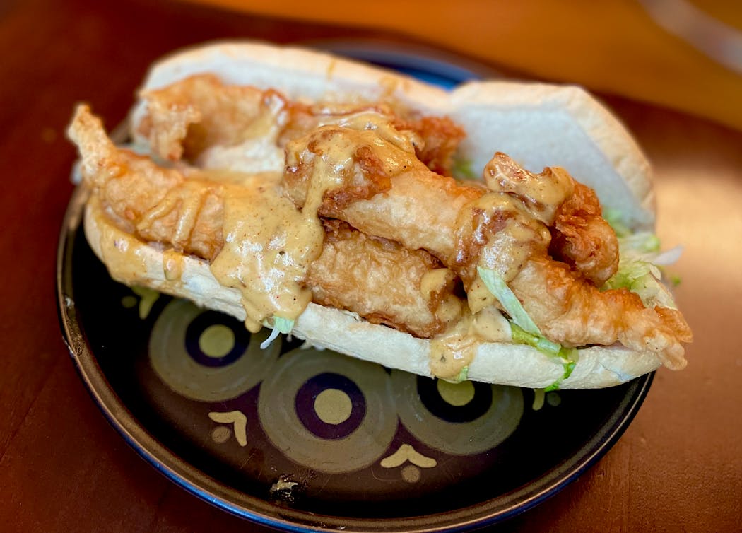 A beast of a fish sandwich: this walleye po’ boy from Pillbox Tavern is a touchdown.