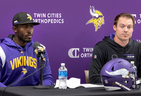 Vikings General Manager Kwesi Adofo-Mensah, left, and coach Kevin O’Connell brought back most of the team’s veterans this season. The Chicago Bear