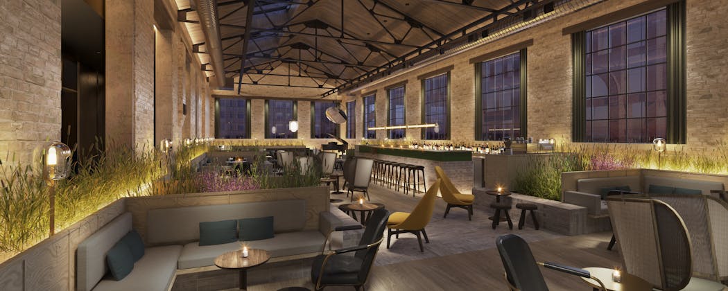 A rendering of the lobby lounge in the new West Hotel, coming to Minneapolis’ North Loop in 2023