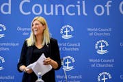 Beatrice Fihn of the International Campaign to Abolish Nuclear Weapons, ICAN, arrives for a press conference at the headquarters of the International 
