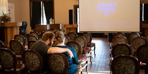 A couple waited for a short film showing at the Zephyr Theatre in Stillwater in August 2018.