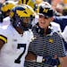 Michigan running back Donovan Edwards  celebrated with head coach Jim Harbaugh after a touchdown in the 27-14 victory at Iowa on Oct. 1.