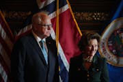 Queen Sonja of Norway visits the State Capitol Thursday, Oct. 13, 2022 in Saint Paul, Minn. Queen Sonja and Governor Tim Walz pose for photos in the R