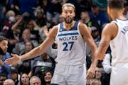 Rudy Gobert (27) of the Minnesota Timberwolves reacts after making a shot at the end of the fourth quarter Wednesday, October 19, 2022, at Target Cent
