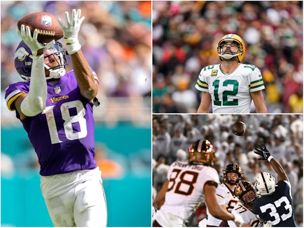 Justin Jefferson (left) provides the Vikings something that Aaron Rodgers (top right) and the Gophers sorely lack right now, a No. 1 receiver.