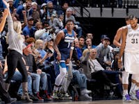 Anthony Edwards (1) of the Minnesota Timberwolves smiles after making a three pointer in third quarter Wednesday, October 26, 2022, at Target Center i