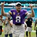 Minnesota Vikings quarterback Kirk Cousins (8) runs off the field after an NFL football game against the Miami Dolphins, Sunday, Oct. 16, 2022, in Mia