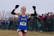 Abbey Nechanicky of Wayzata crosses the finish line with a time of 16:47.61 Saturday, Nov. 5, 2022 in Northfield, Minn. Class 3A cross-country state c