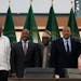 From left, Kenya’s former president Uhuru Kenyatta, lead negotiator for Ethiopia’s government, Redwan Hussein, African Union envoy Olusegun Obasan