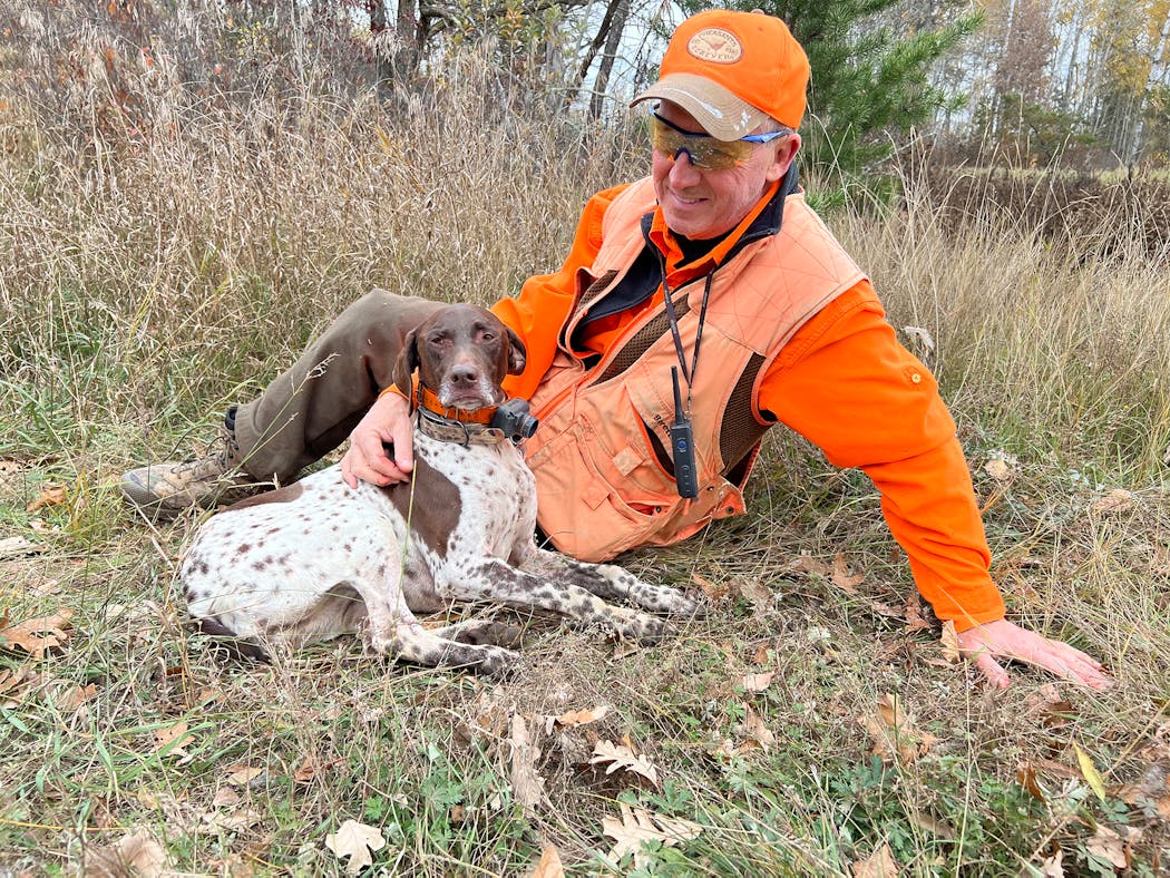 Rolf Moen, a Brainerd dentist, shares a relaxed moment with his dog, Sally, who had led her master and a couple of his friends to ruffed grouse and woodcock.