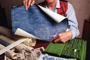 Loraine Plasman in 1995, at her home in Bloomington with some of the blueprints and drafting tools that she used as a Curtis-Wright “cadette” at t