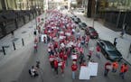 Nurses with the Minnesota Nurses Association marched from U.S. Bank headquarters to Wells Fargo in Minneapolis on Nov. 2. They sought to increase pres