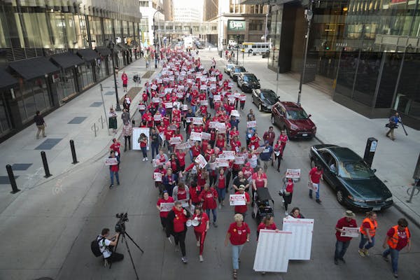 Nurses with the Minnesota Nurses Association marched from U.S. Bank headquarters to Wells Fargo in Minneapolis on Nov. 2.