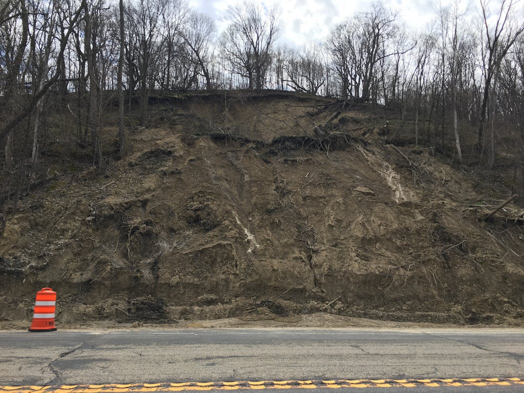 Part of a Minnesota River Valley bluff beside Hwy. 68, between Mankato and New Ulm, had fallen away in this 2019 photo.