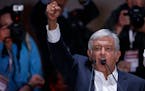 Presidential candidate Andres Manuel Lopez Obrador delivers his victory speech in Mexico City’s main square, the Zocalo, Sunday, July 1, 2018. Lopez