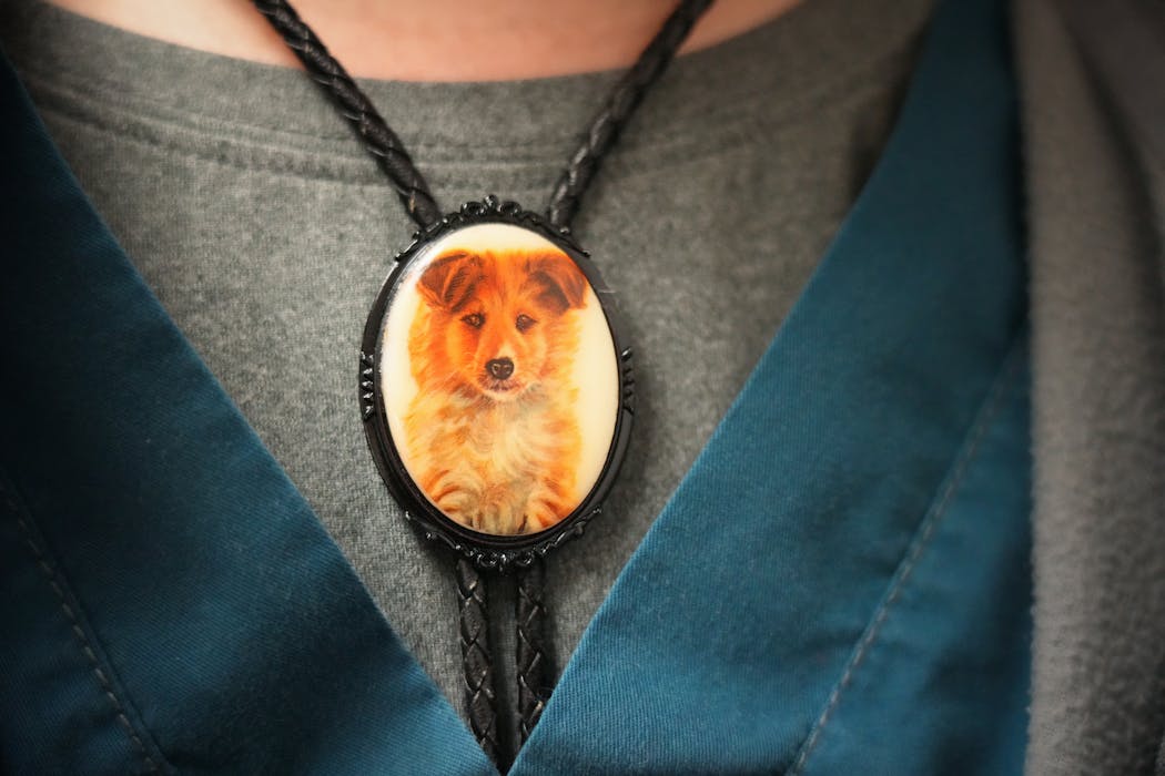 Veterinarian technician Dave Burklund wears artwork of a collie puppy on a bolo tie while working at the Animal Humane Society in Golden Valley on Wednesday.