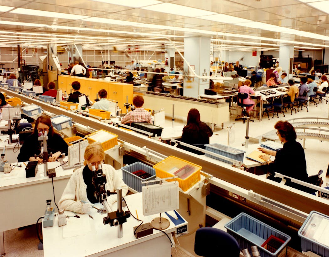 Workers assembled computer parts at Univac - then known as Sperry Univac - in 1977.