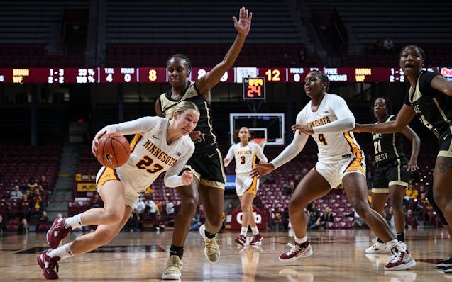 Gophers guard Katie Borowicz cut inside Wake Forest guard Raegyn Conley on a drive to the basket during the first half at Williams Arena on Wednesday.