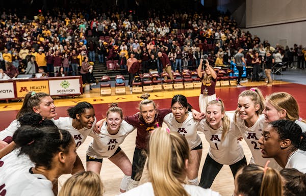 The Gophers celebrated after defeating Indiana in their final regular season match at home this year. They went 11-2 after coach Hugh McCutcheon annou