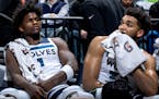 Anthony Edwards (1) and Karl Anthony-Towns (32)  of the Minnesota Timberwolves Tuesday, April 5, at Target Center in Minneapolis, Minn. ] CARLOS GONZA