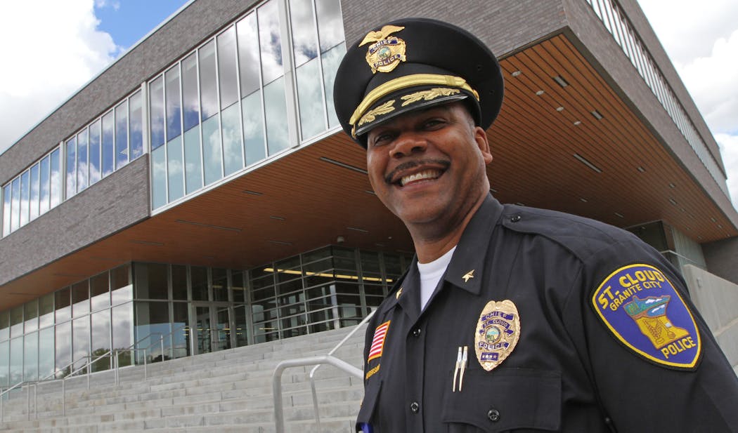 Blair Anderson, shown in September 2012 shortly after he became police chief, in front of the St. Cloud Police Department. He wears the department cap that he mandated officers to wear as part of their uniform.