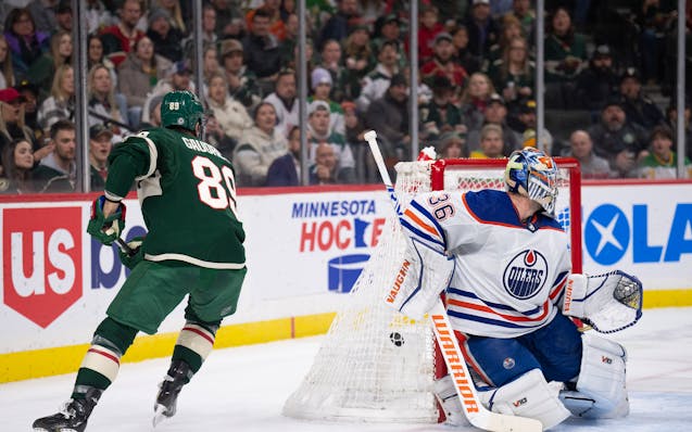 Wild center Frederick Gaudreau lifted a backhander over Oilers goaltender Jack Campbell to score and give the Wild a 3-2 lead in the second period of 