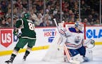 Wild center Frederick Gaudreau lifted a backhander over Oilers goaltender Jack Campbell to score and give the Wild a 3-2 lead in the second period of 