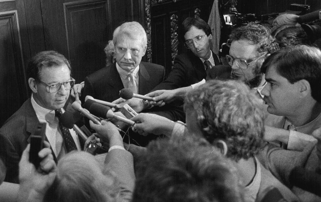 Minneapolis Mayor Don Fraser and Bloomington Mayor James Lindau spoke with reporters after meeting with Gov. Rudy Perpich and legislative leaders about their convention center proposals in 1985.
