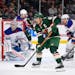 Wild captain Jared Spurgeon waited for a pass during Thursday’s victory over Edmonton at Xcel Energy Center. The Wild won 5-3 to improve to 4-2 as a