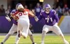Vikings left tackle Christian Darrisaw (71) will miss his second game after suffering two concussions in two weeks last month. 